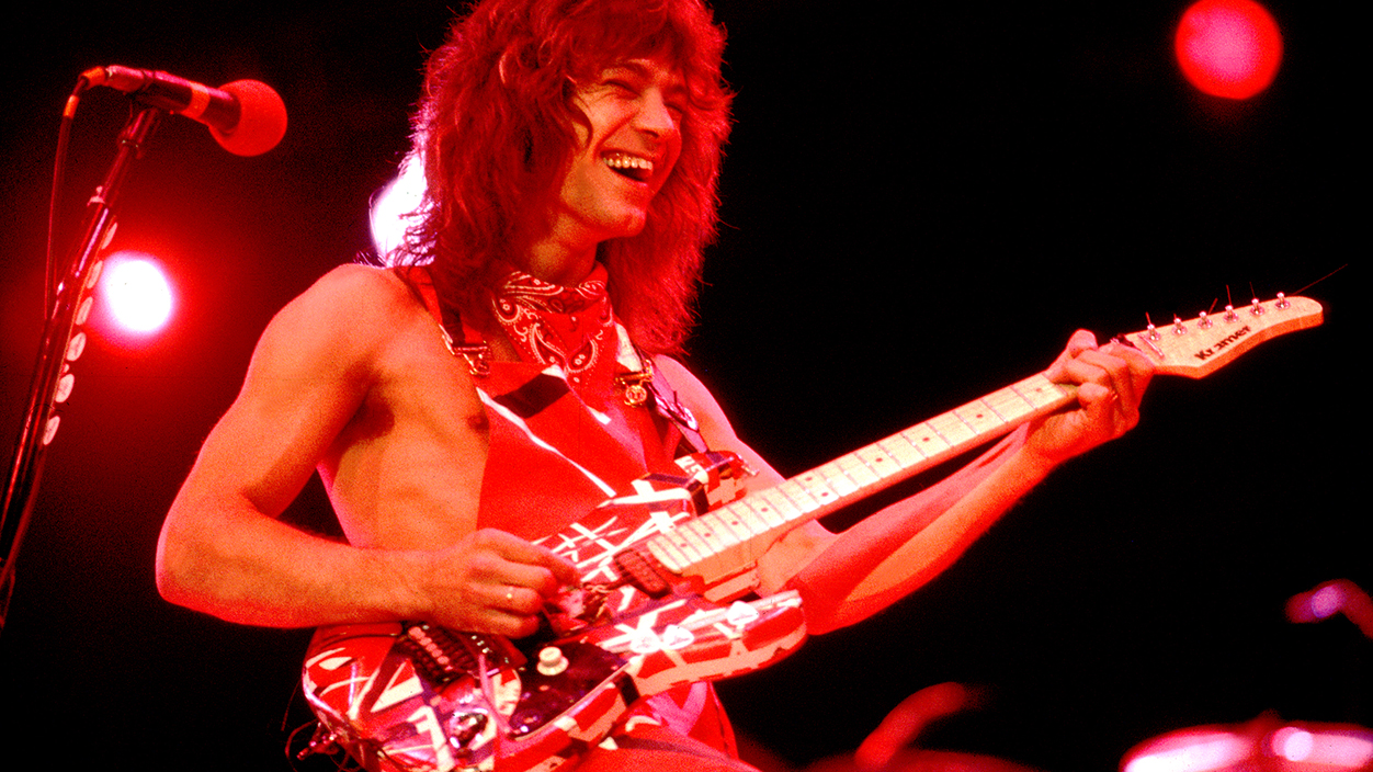 Dutch-born American Rock musician Eddie Van Halen (1955 - 2020), of the group Van Halen, performs onstage at the US Festival, Ontario, California, May 29, 1983. (Photo by Paul Natkin/Getty Images)